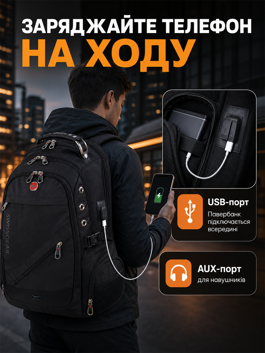 USB та AUX порти рюкзака